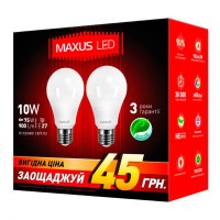 Светодиодная лампа MAXUS A60 10W яркий свет 4100K 220V E27 2 шт (2-LED-146-01)